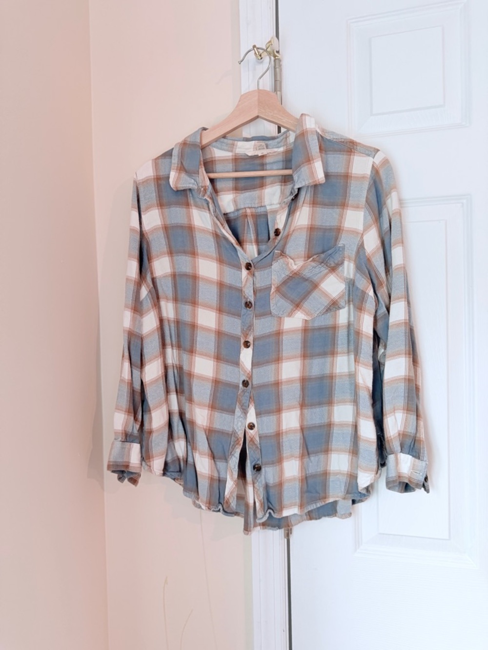 Blue and Cream Plaid Button-Up Shirt